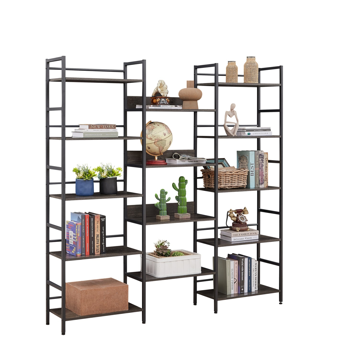 Triple Wide 5-shelf Bookshelves Industrial Retro Wooden Style - Dark Grey