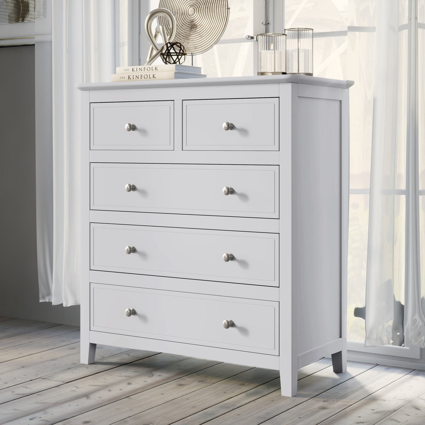Elegant White Wood Chest with 5 Drawers