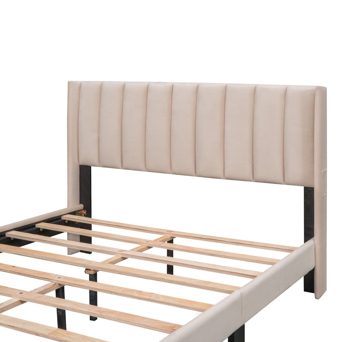Shona Queen Size Velvet Platform Bed Frame - Beige