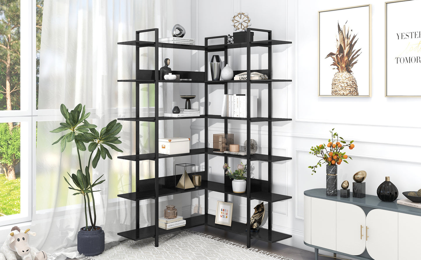 Stainless Steel Frame Corner 6-tier Shelves - Black