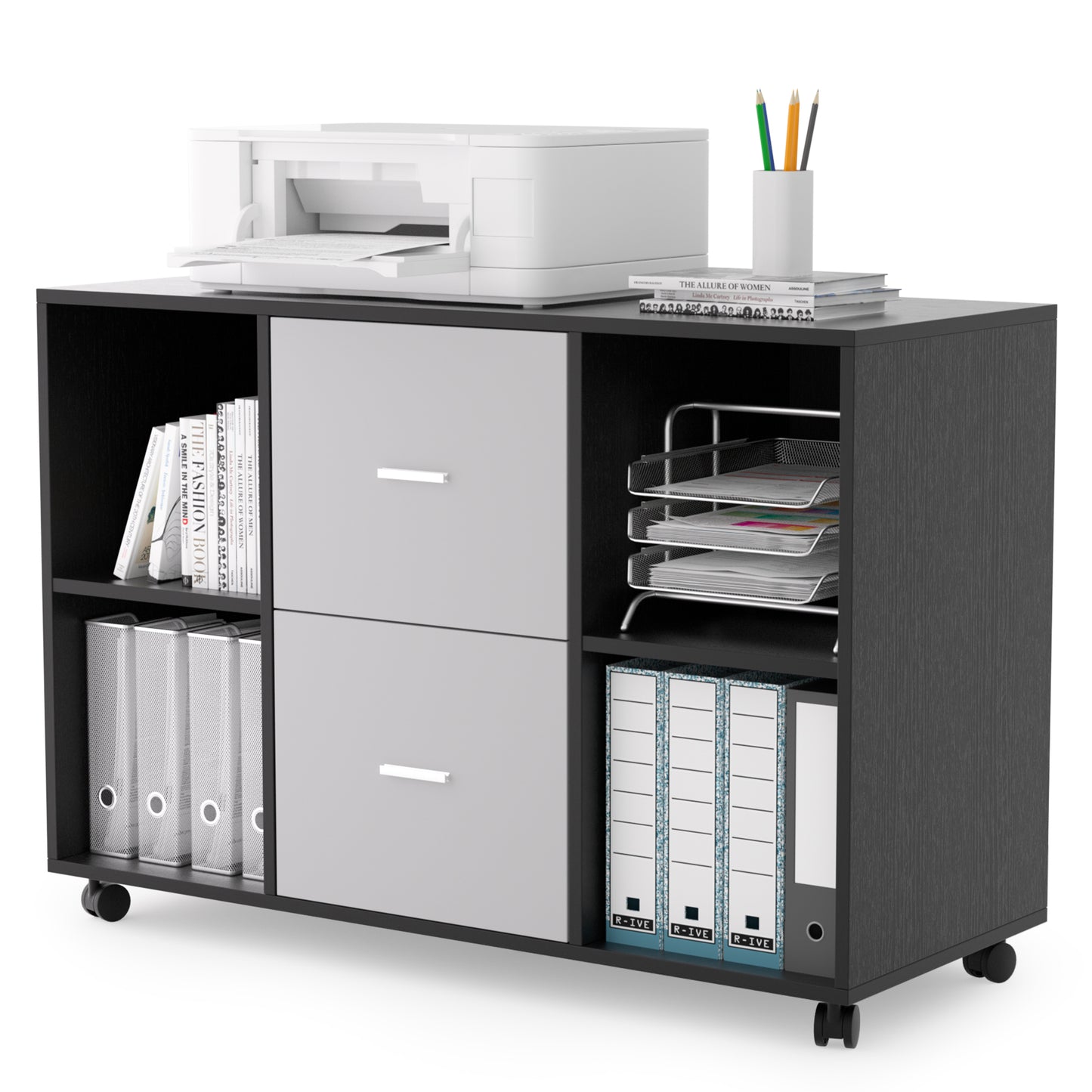 Mobile Wood File Cabinet 2-Drawer 4 open storage - Light Grey