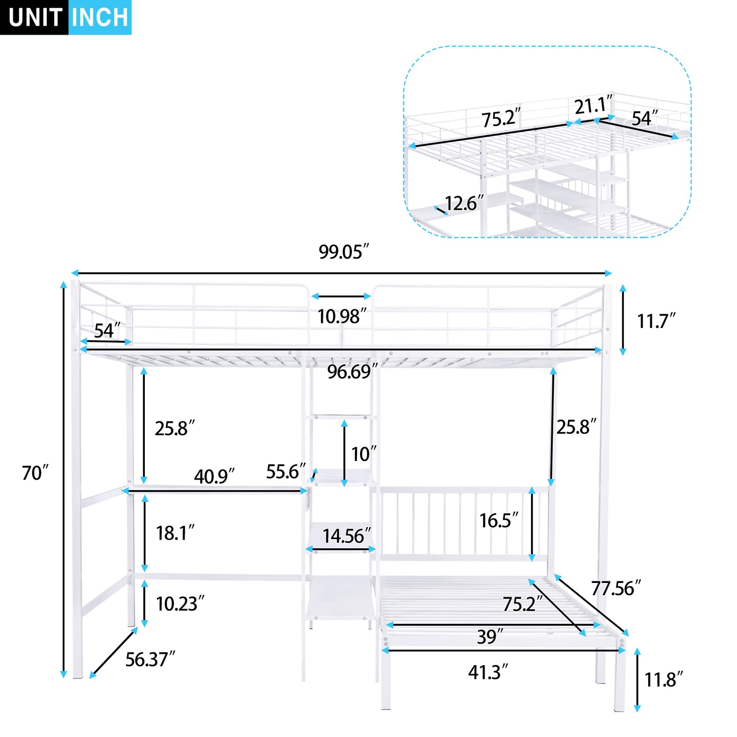 Harmony Haven Twin Loft Bed with Integrated Desk, Storage, and Staircase, Snow White