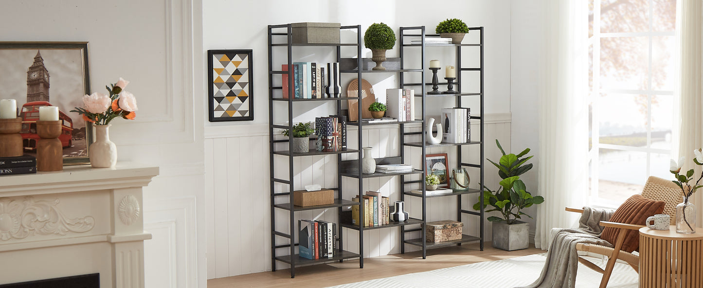 Triple Wide 5-shelf Bookshelves Industrial Retro Wooden Style - Dark Grey