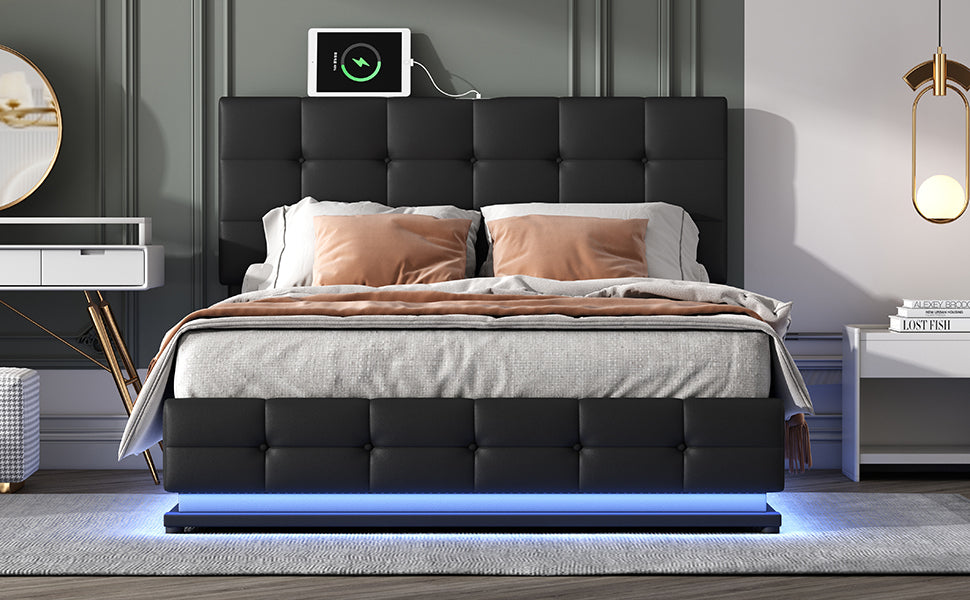 Luxury Dream Queen Bed with Smart Storage and LED Illumination - Black