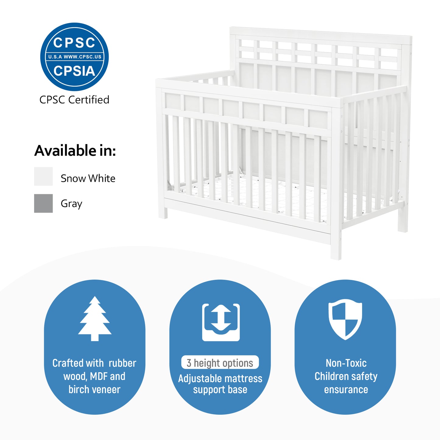Baby Safe Crib Pine Solid Wood Non-Toxic - White