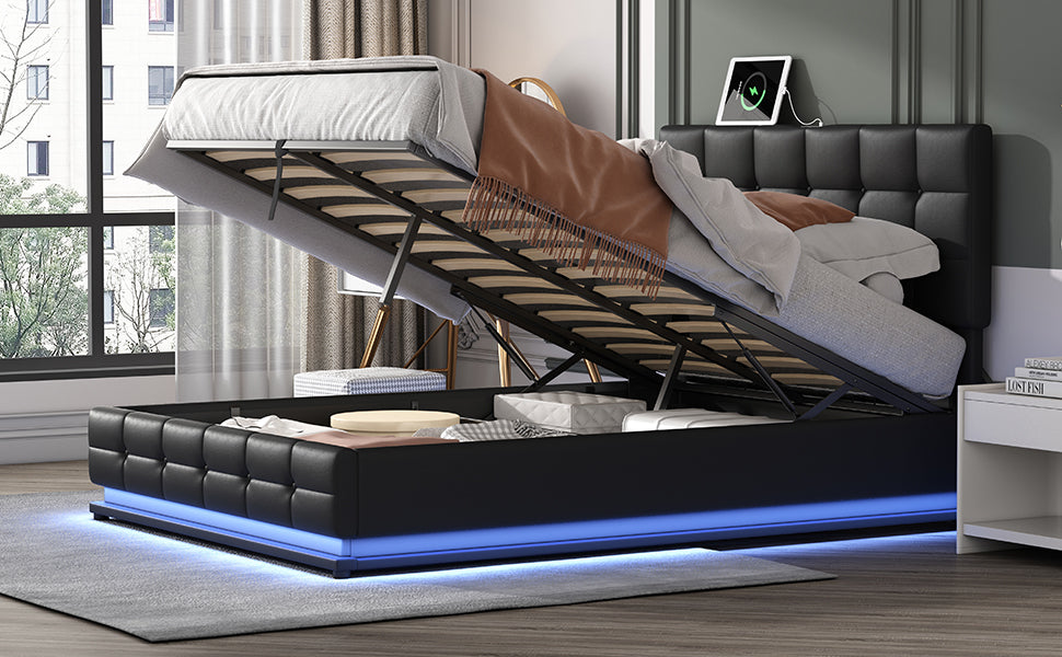 Luxury Dream Queen Bed with Smart Storage and LED Illumination - Black