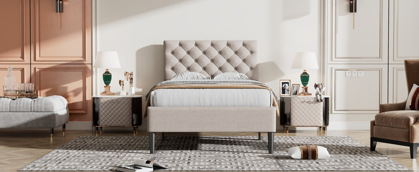 Ukin Twin Size Upholstered Linen Platform Bed - Beige