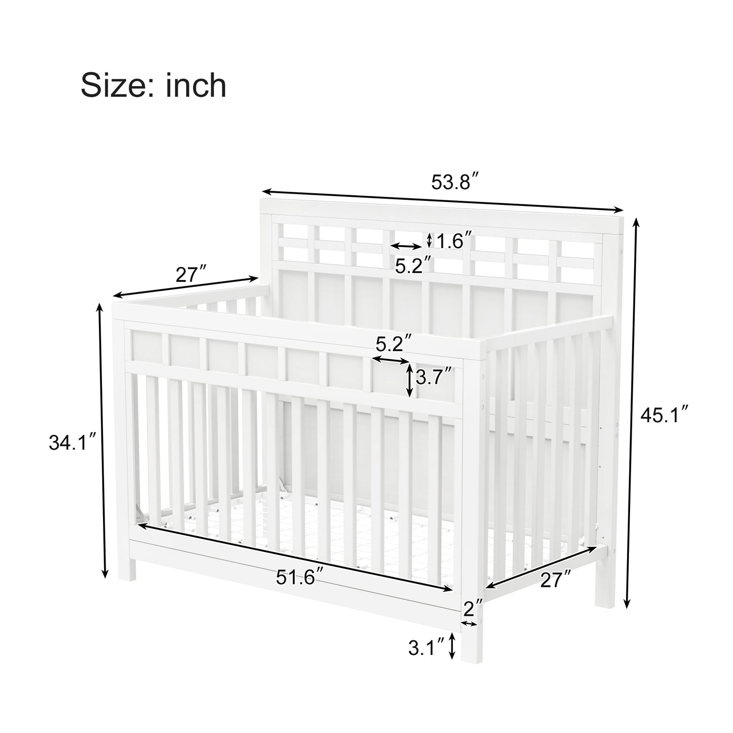 Baby Safe Crib Pine Solid Wood Non-Toxic - White