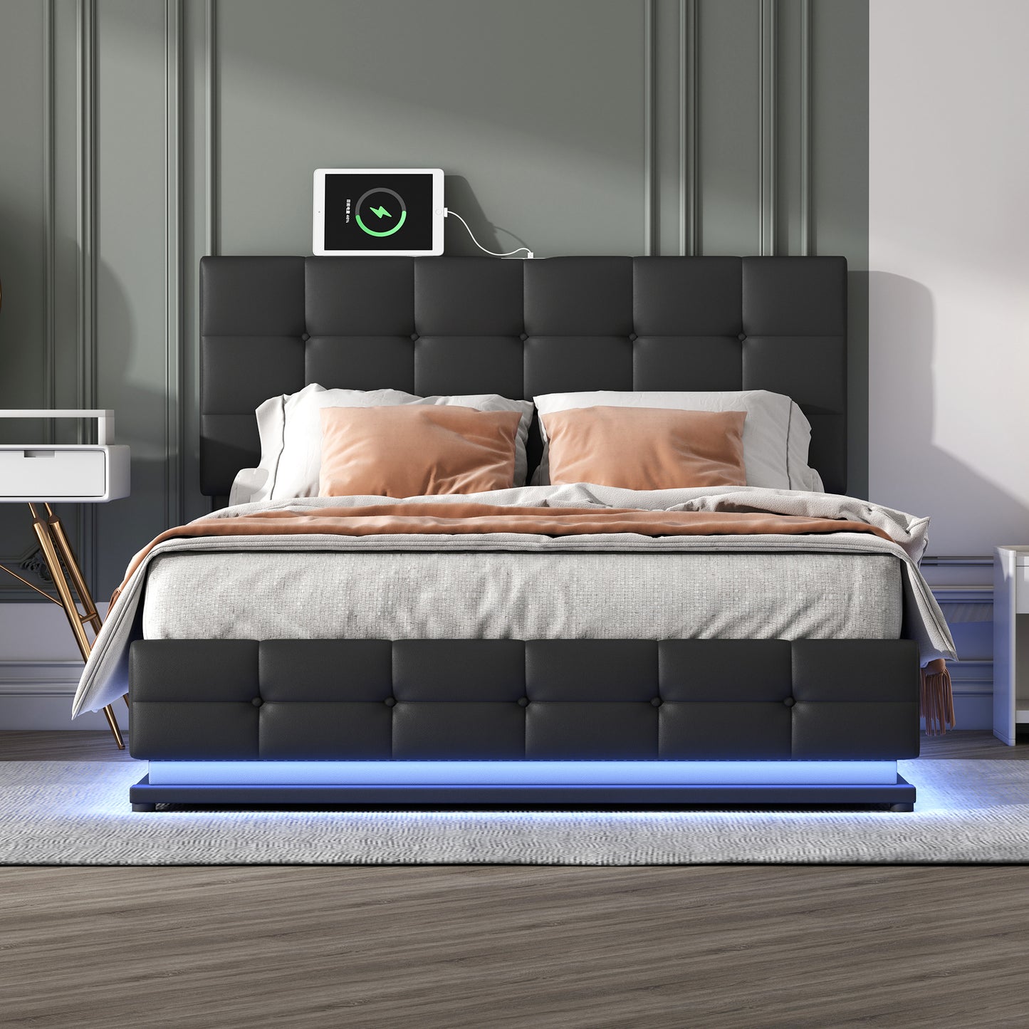 Luxury Dream Queen Bed with Smart Storage and LED Illumination - Black