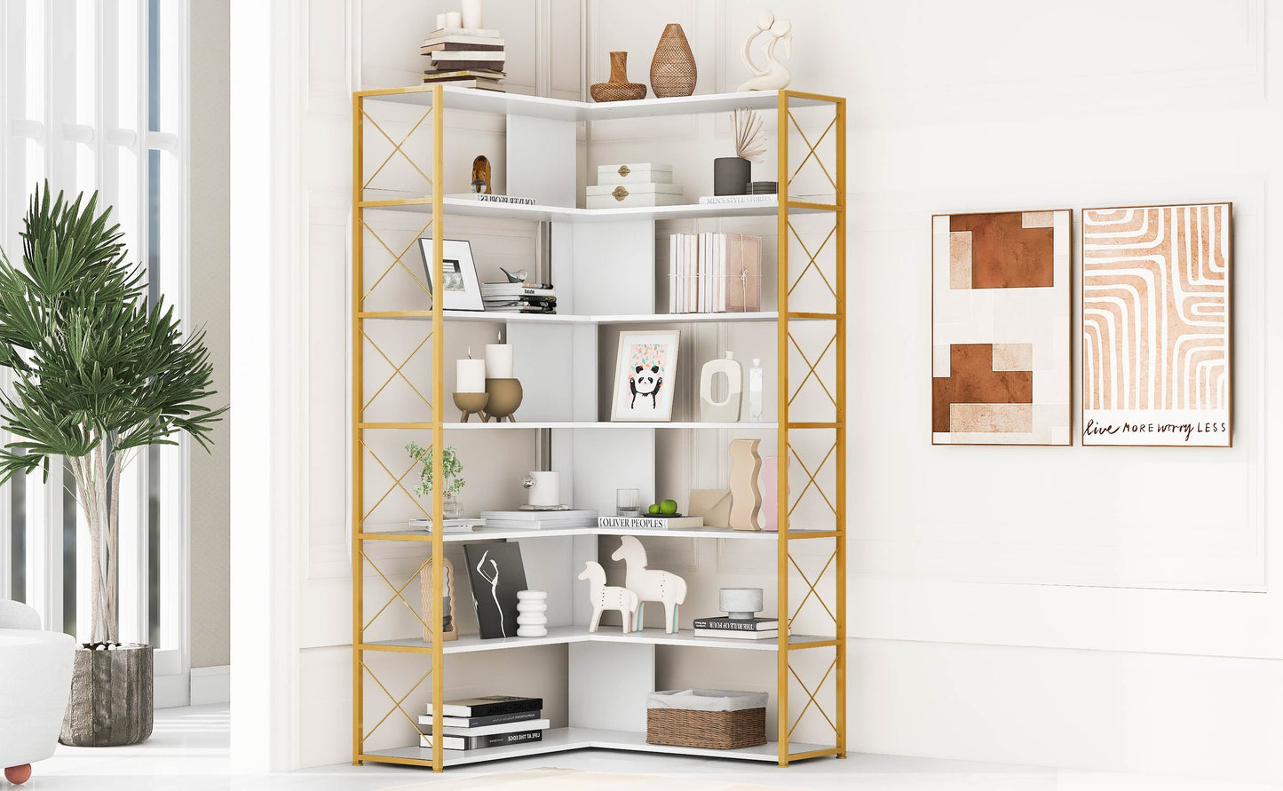 L-Shaped Corner Bookcase - Golden+White