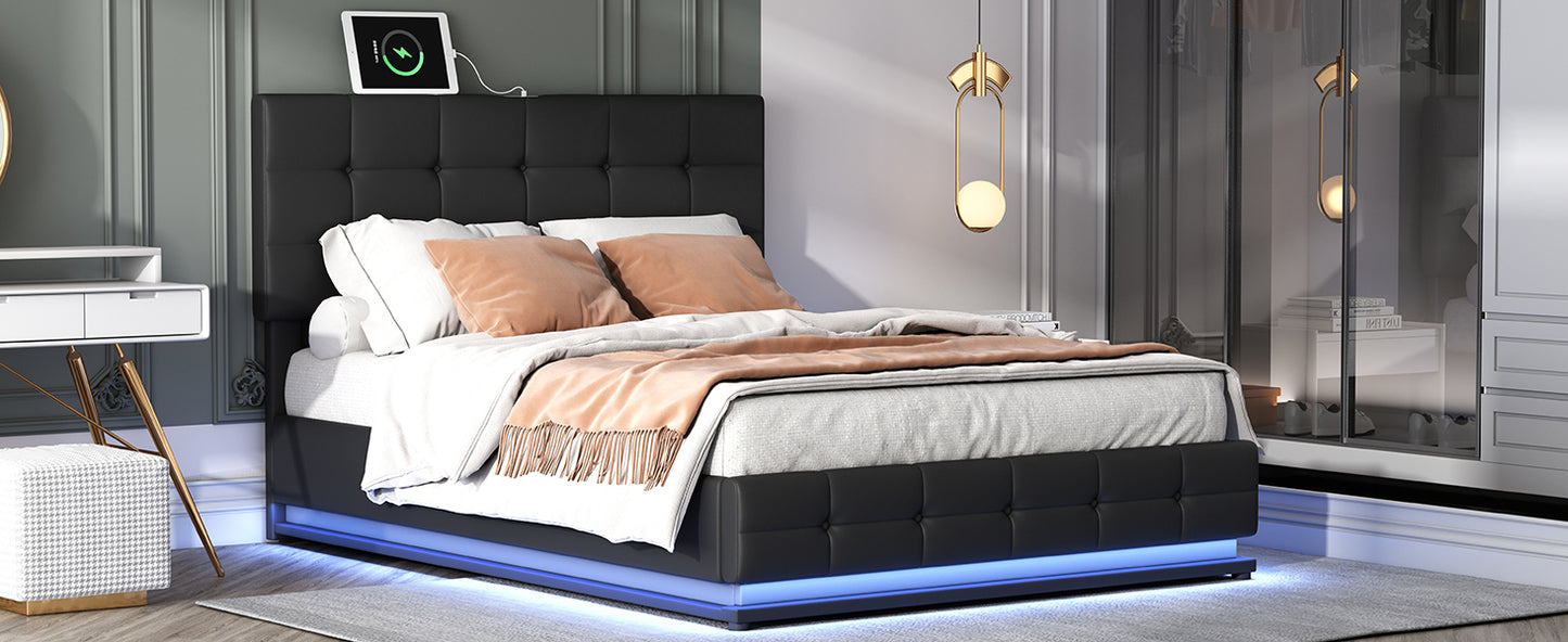 Luxury Dream Queen Bed with Smart Storage and LED Illumination - Black