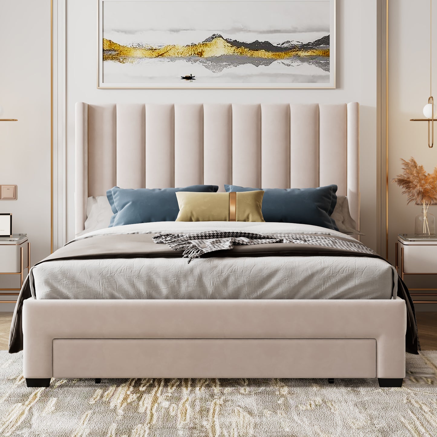 Shona Queen Size Velvet Platform Bed Frame - Beige