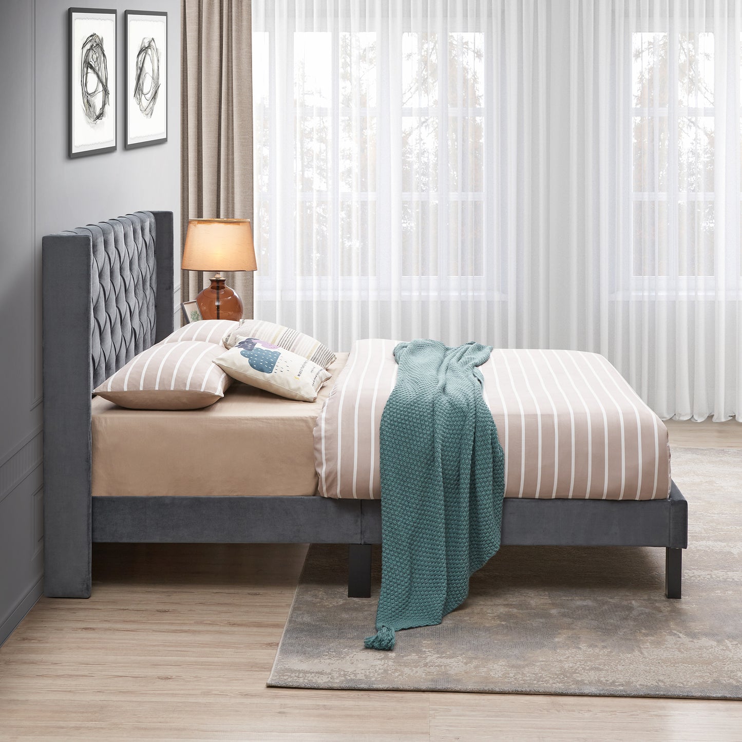 EleganceRest Velvet Winged Queen Bed