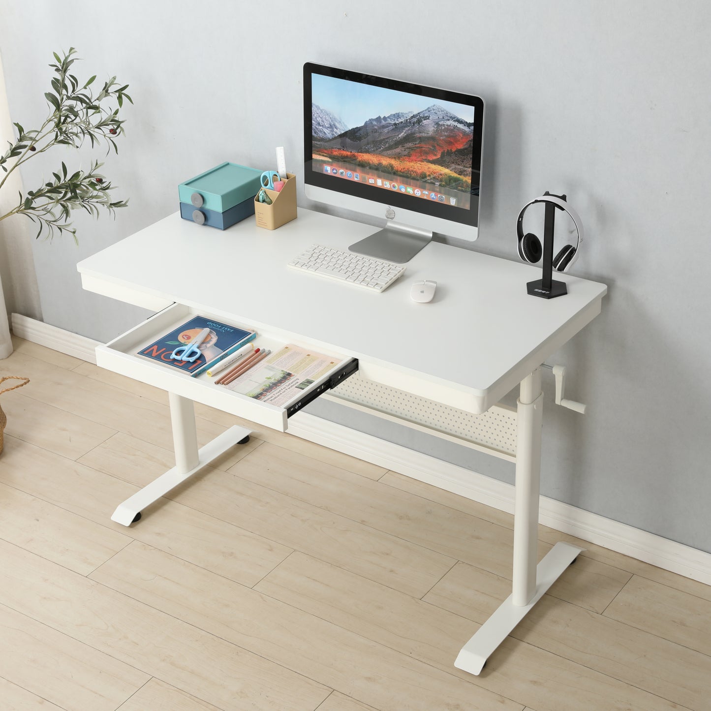Standing Desk with Metal Drawer Adjustable Height (White Tabletop)