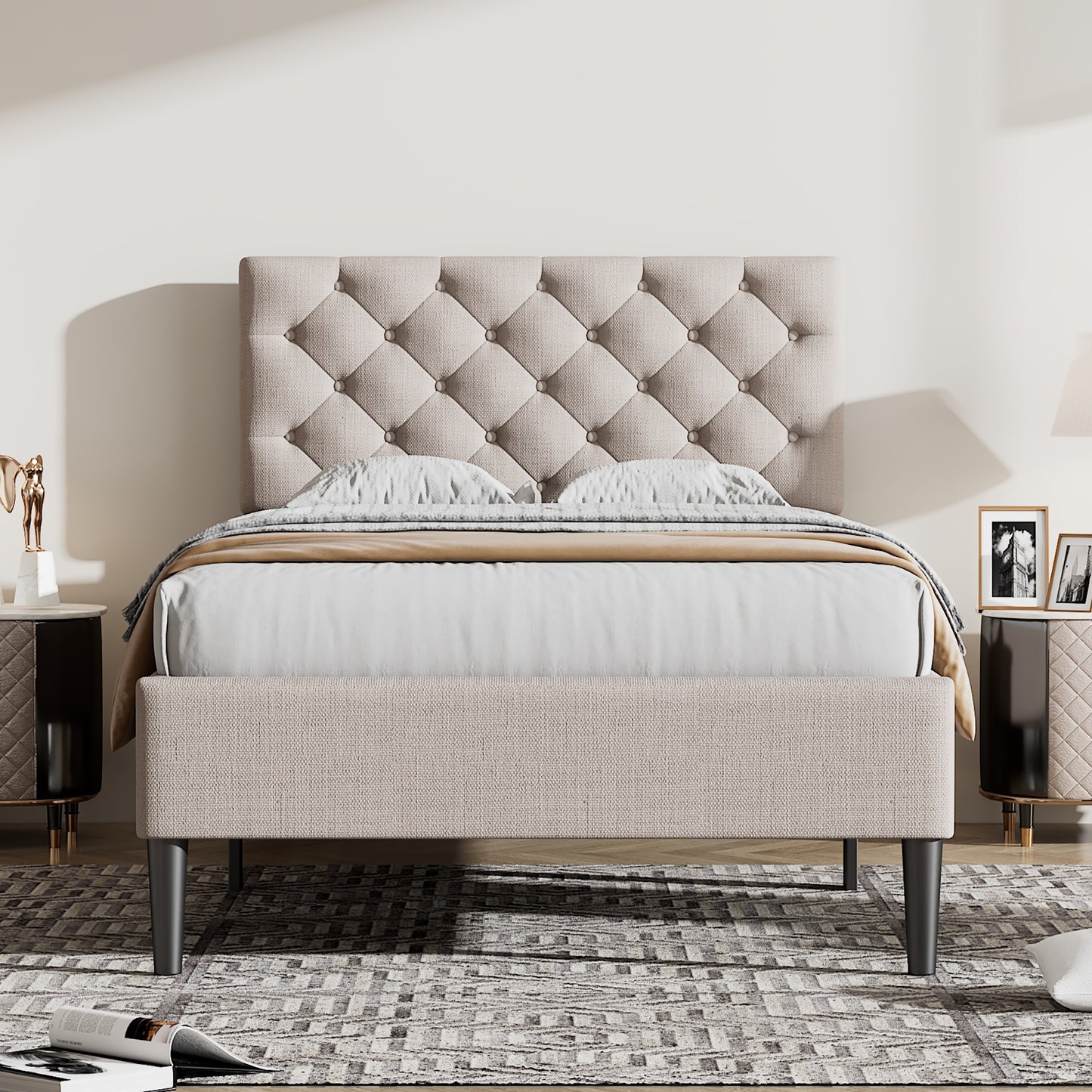 Ukin Twin Size Upholstered Linen Platform Bed - Beige