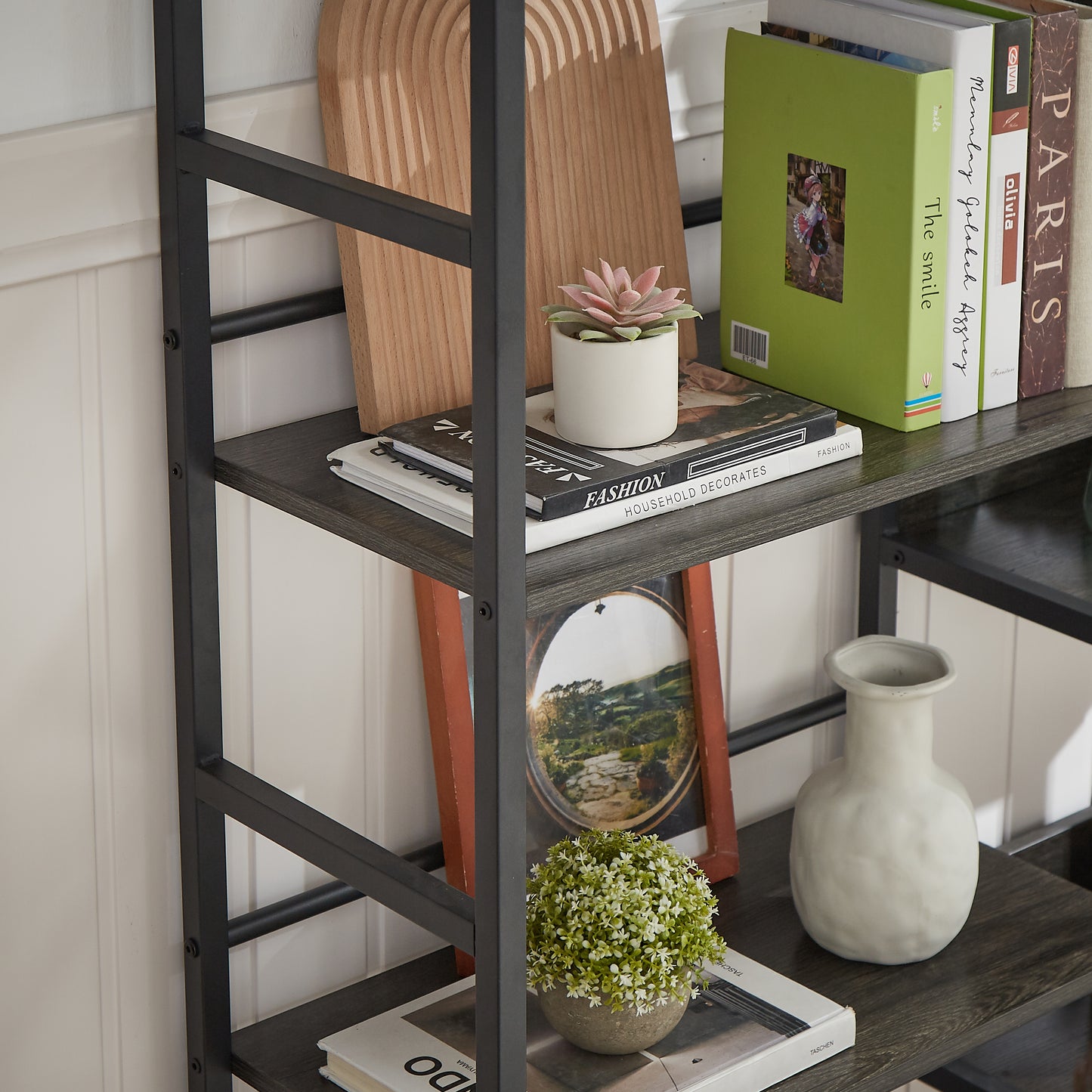Triple Wide 5-shelf Bookshelves Industrial Retro Wooden Style - Dark Grey