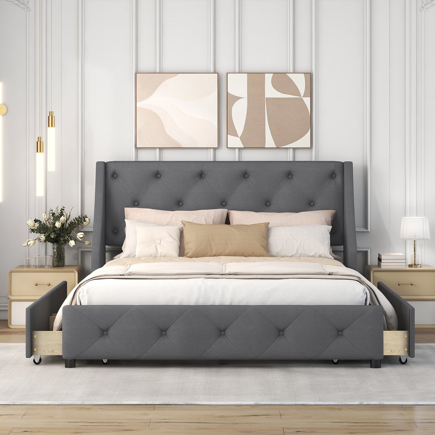 Jamu Queen Size Platform Bed with Wingback Headboard - Gray