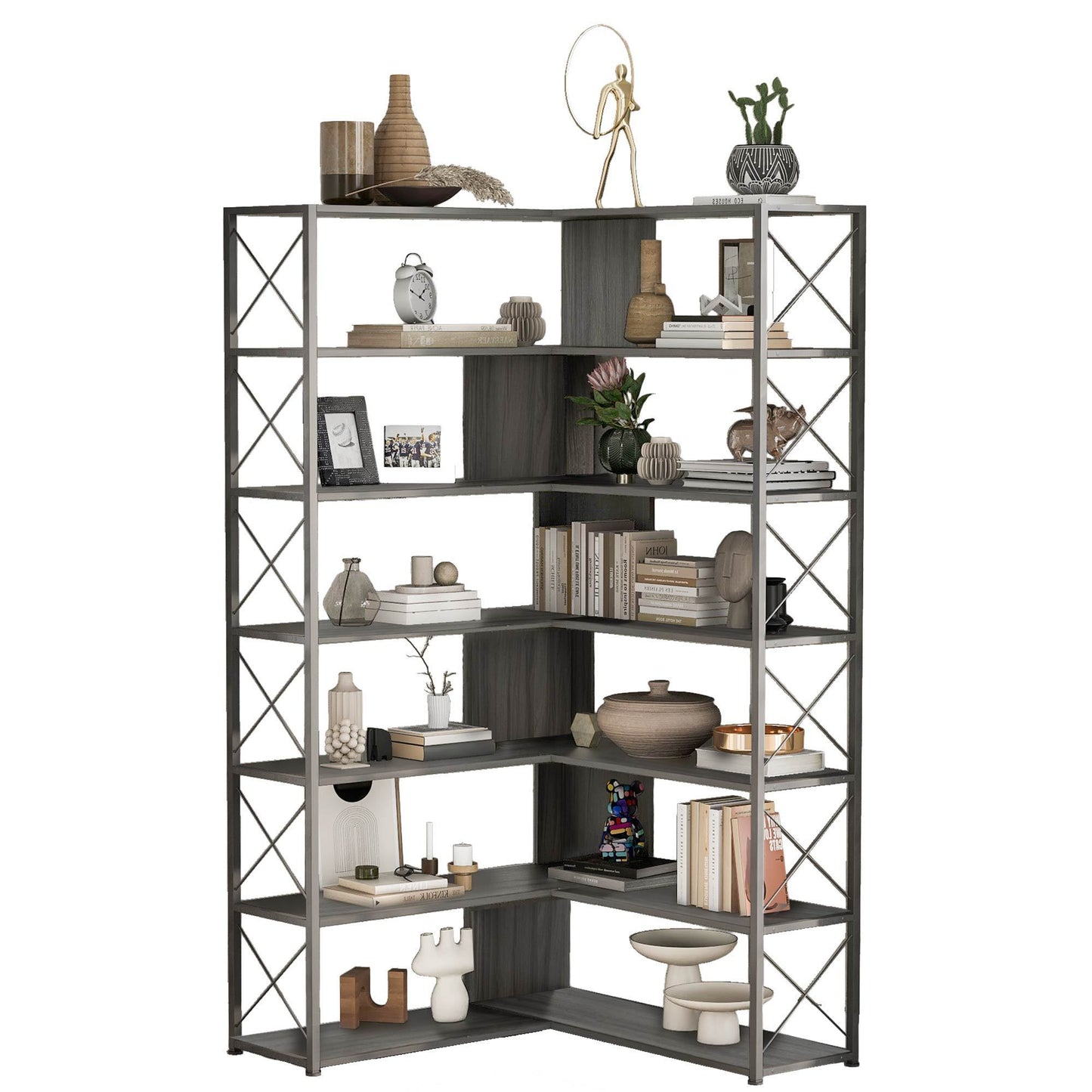 L-Shaped Corner Bookcase - Silver+Grey