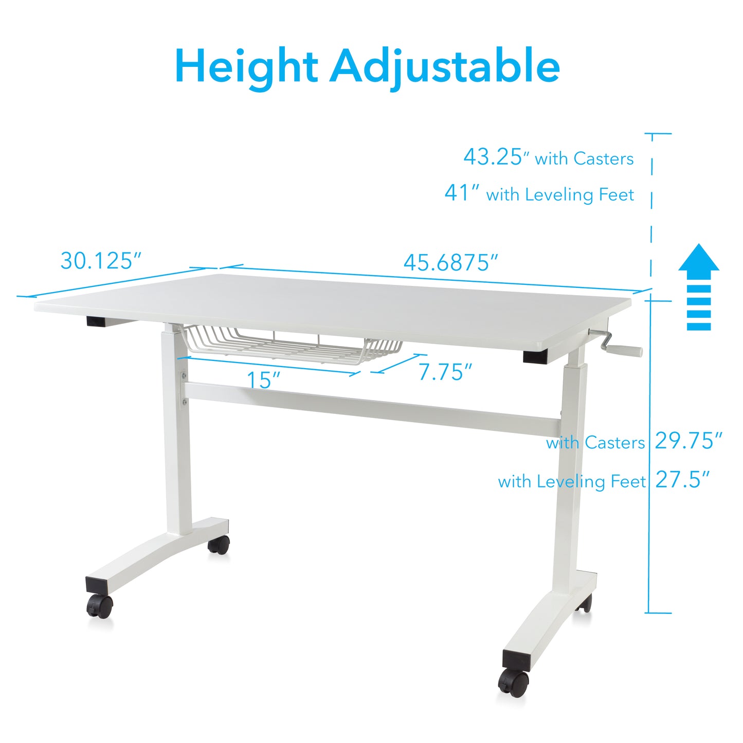 Atlantic Sit Stand Desk with Casters (Height Adjustable) with side crank - White