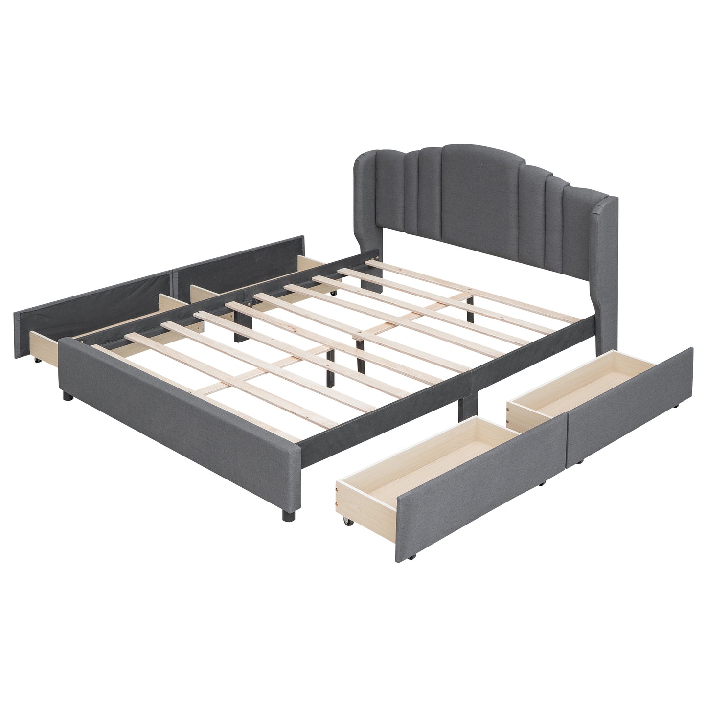 Mali Queen Size Platform Bed with Wingback Headboard - Gray
