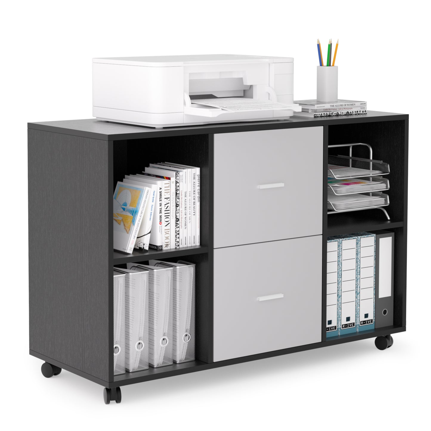 Mobile Wood File Cabinet 2-Drawer 4 open storage - Light Grey