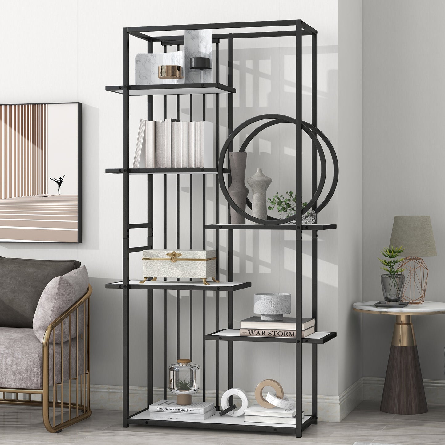 Metal Frame Storage Large Bookshelf Furniture, White