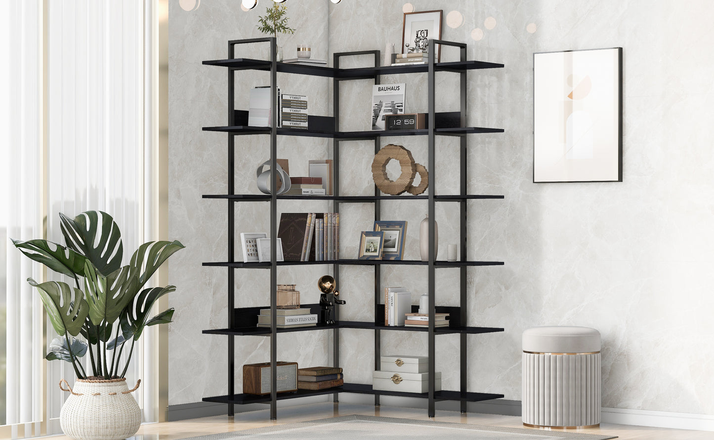 Stainless Steel Frame Corner 6-tier Shelves - Black