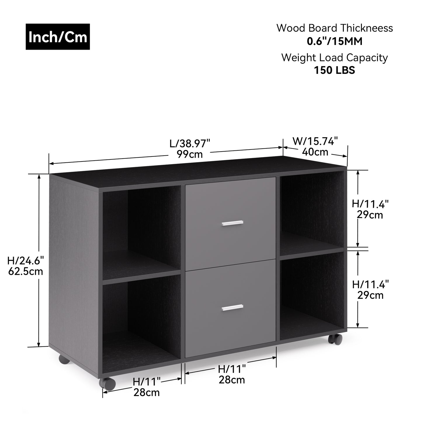 Wooden Horizontal File Cabinet - Dark Grey