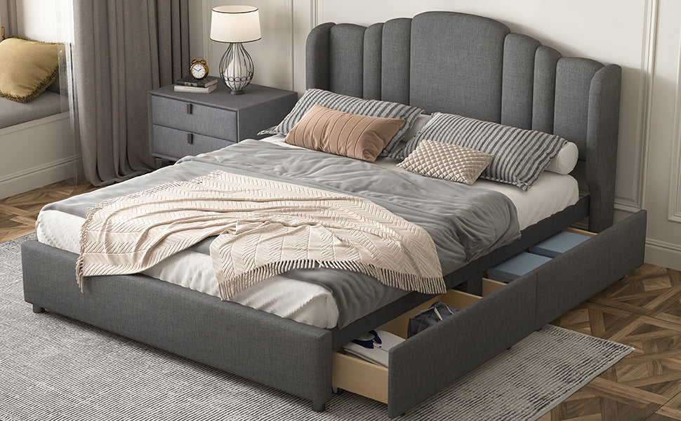 Mali Queen Size Platform Bed with Wingback Headboard - Gray