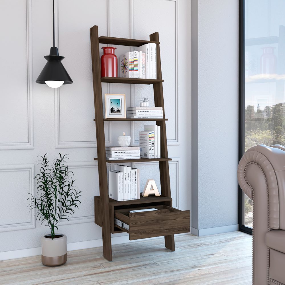 Havenwood 1-Drawer 4-Shelf Ladder Bookcase Dark Walnut