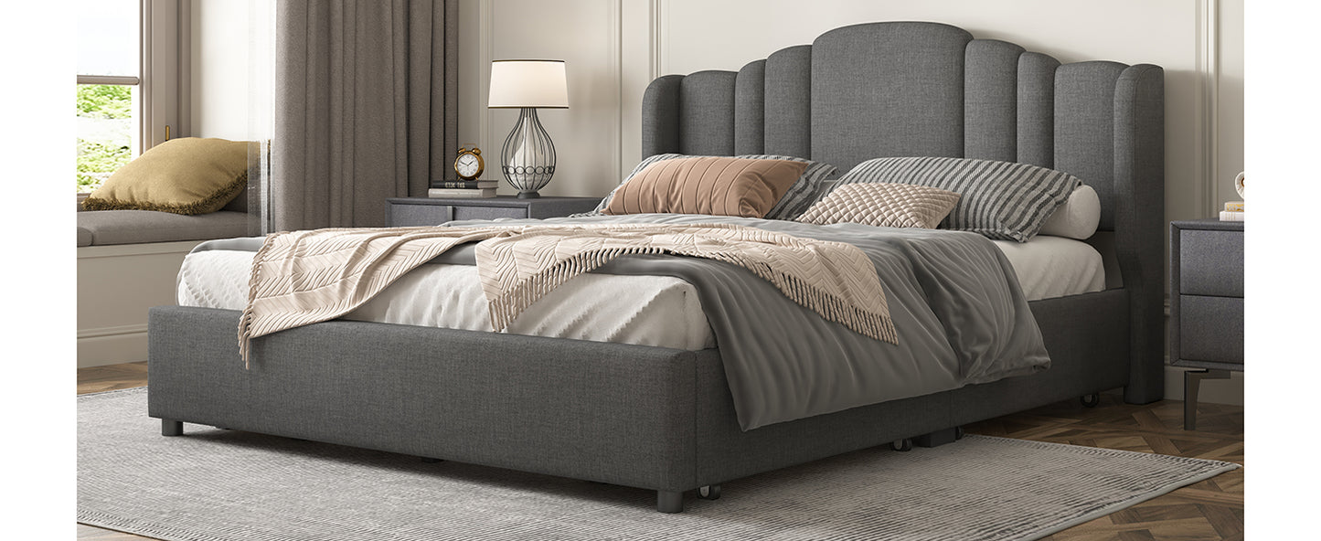 Mali Queen Size Platform Bed with Wingback Headboard - Gray