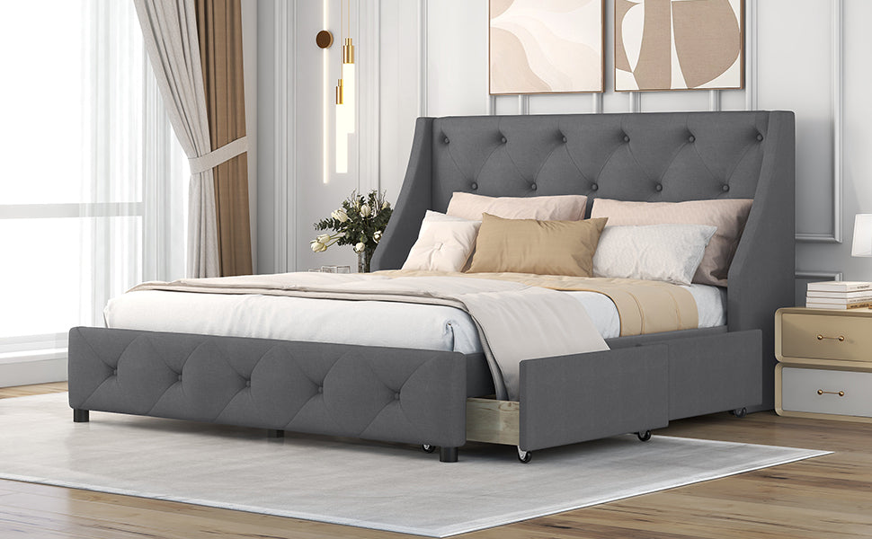 Jamu Queen Size Platform Bed with Wingback Headboard - Gray