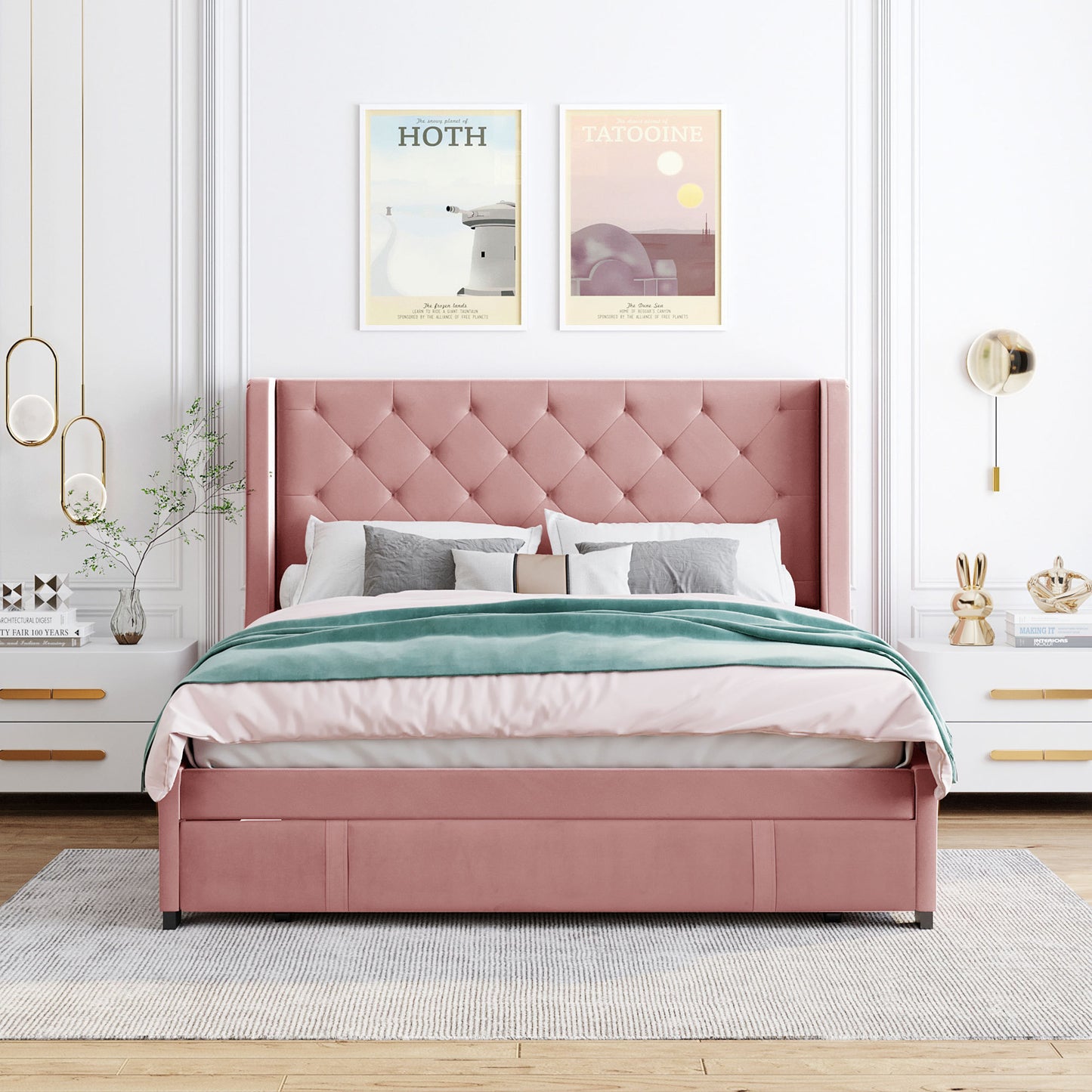 Regal Queen Size Velvet Storage Bed - Pink