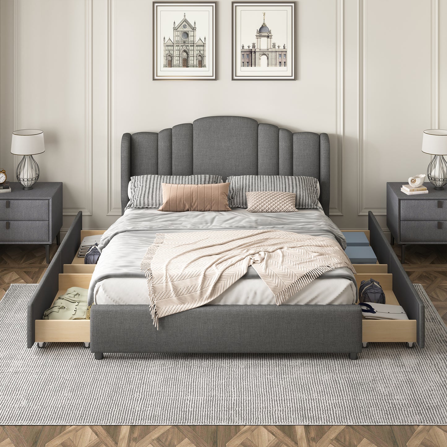Mali Queen Size Platform Bed with Wingback Headboard - Gray
