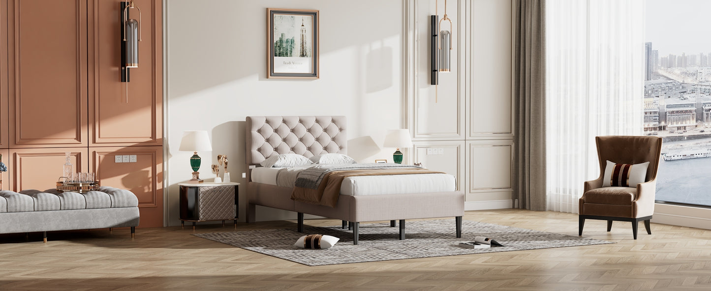 Ukin Twin Size Upholstered Linen Platform Bed - Beige