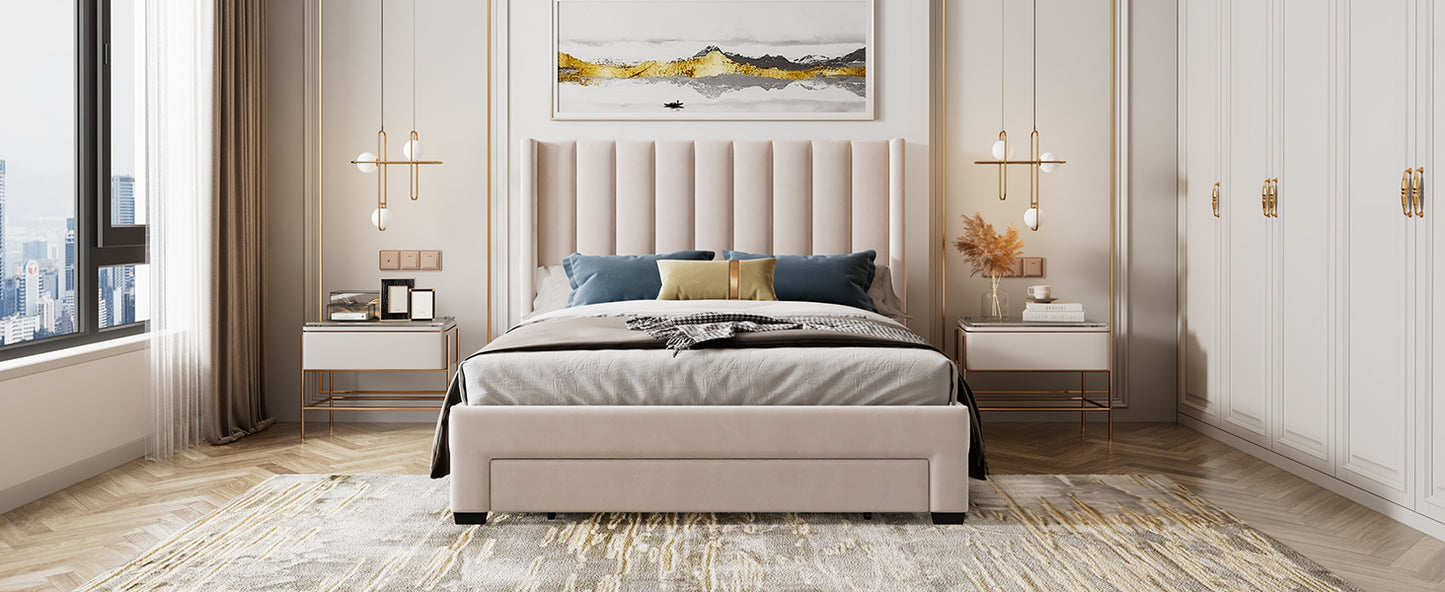 Shona Queen Size Velvet Platform Bed Frame - Beige