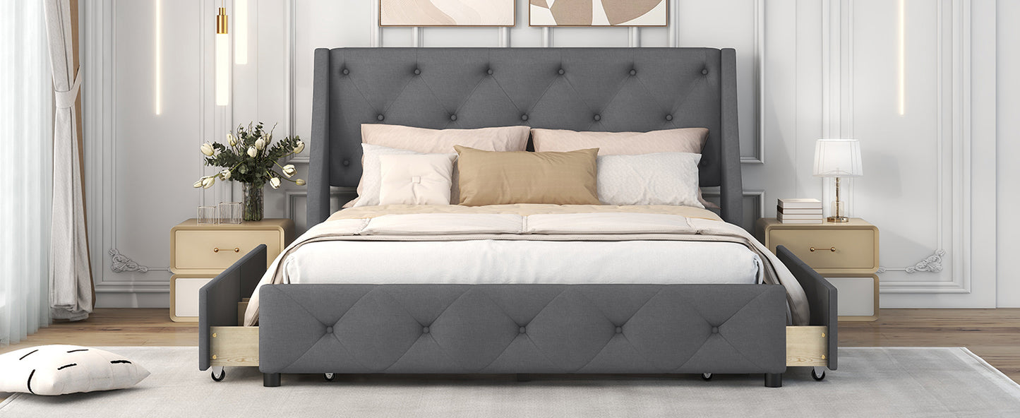 Jamu Queen Size Platform Bed with Wingback Headboard - Gray