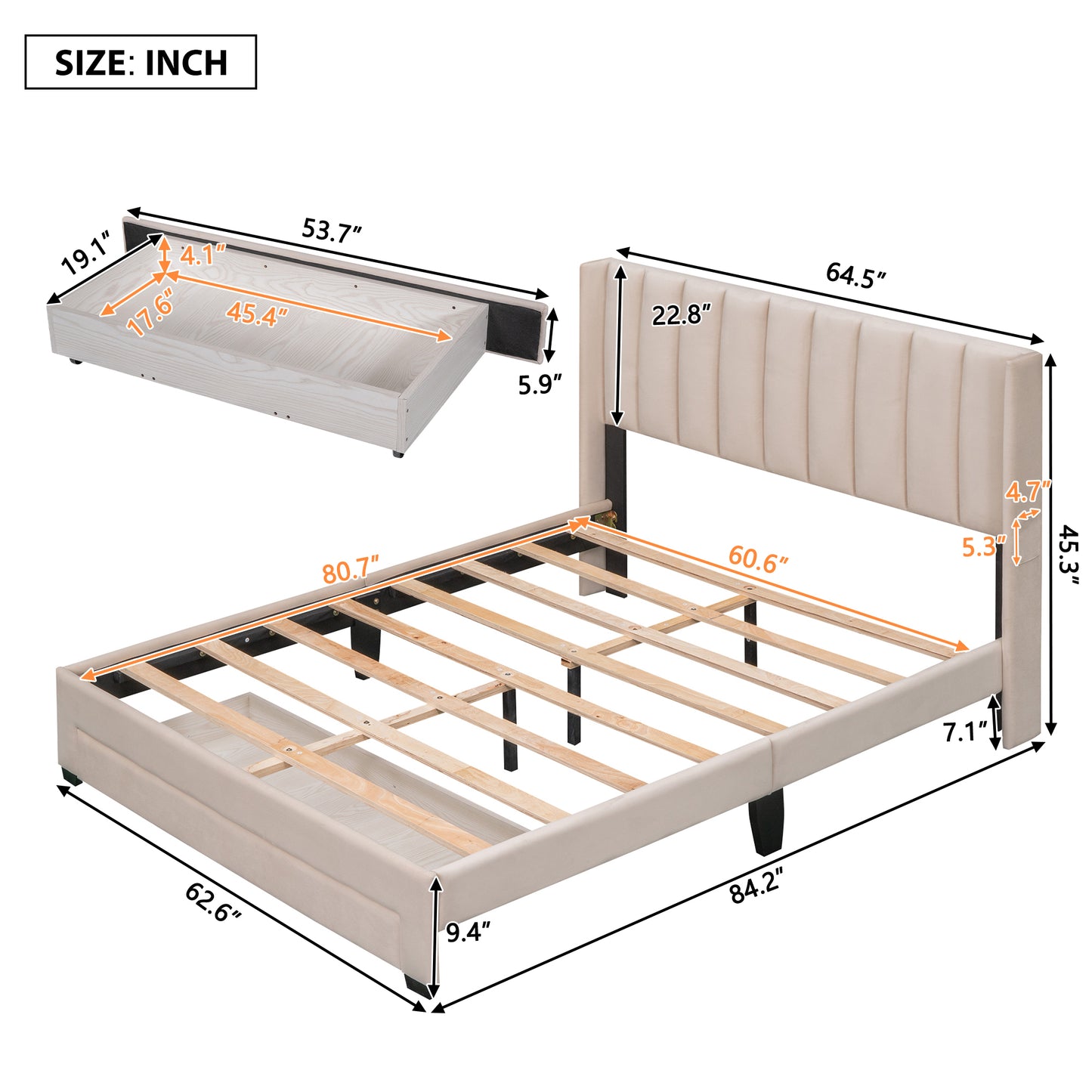 Shona Queen Size Velvet Platform Bed Frame - Beige