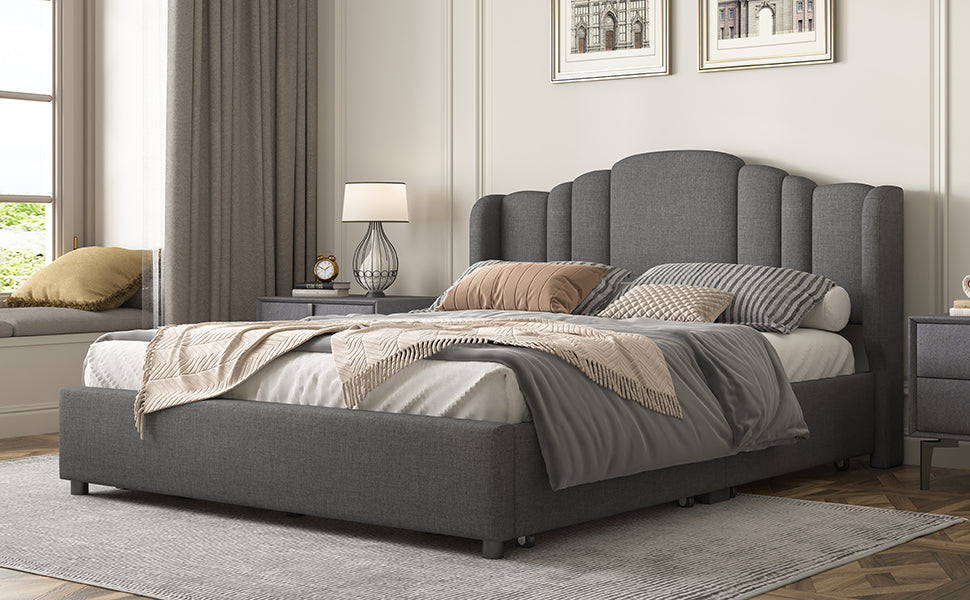 Mali Queen Size Platform Bed with Wingback Headboard - Gray
