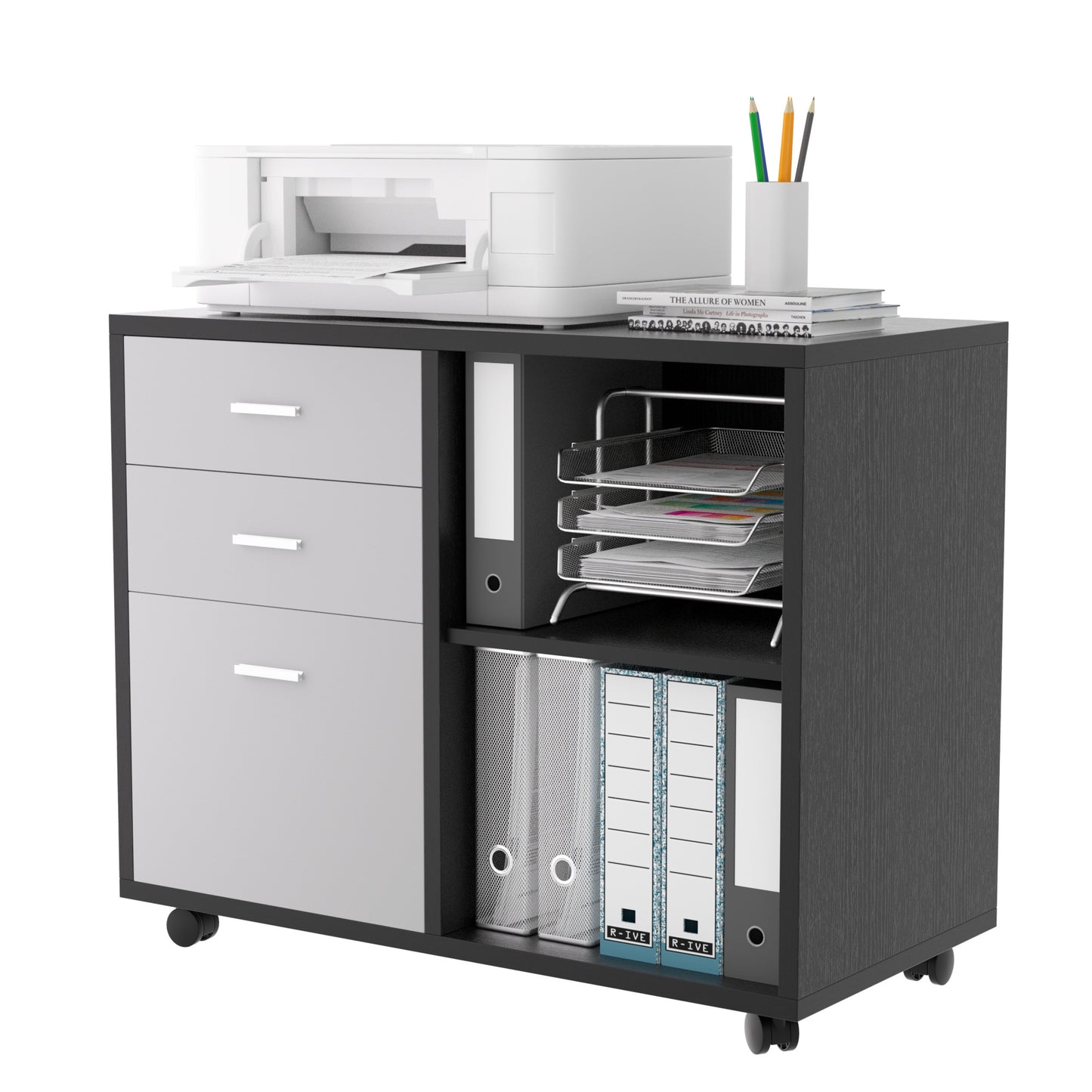 32'' Wide 3 -Drawer Mobile Filing Cabinet - Black oak and Grey