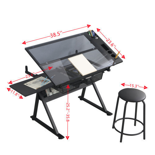 Adjustable tempered glass drafting printing table with chair