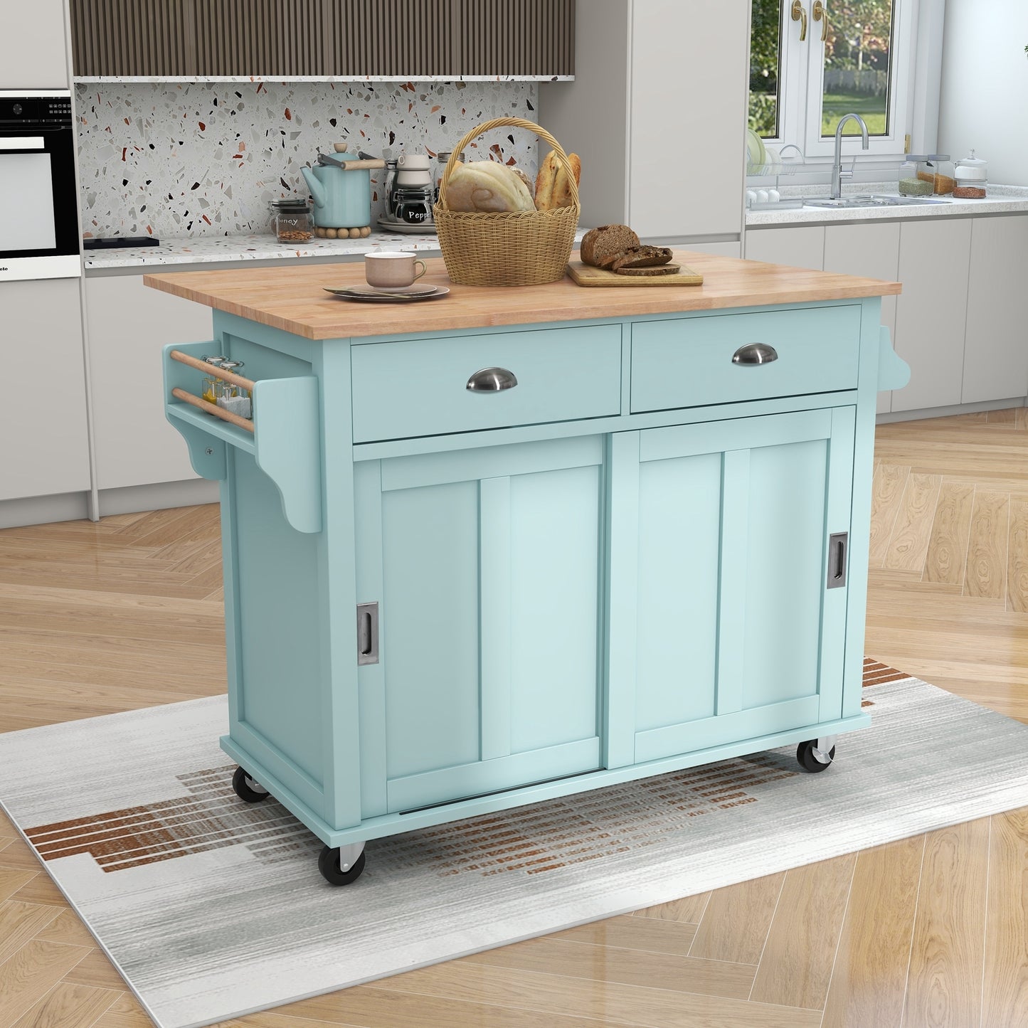 Culinary Kitchen Cart with Countertop With Barn Door - Mint Green