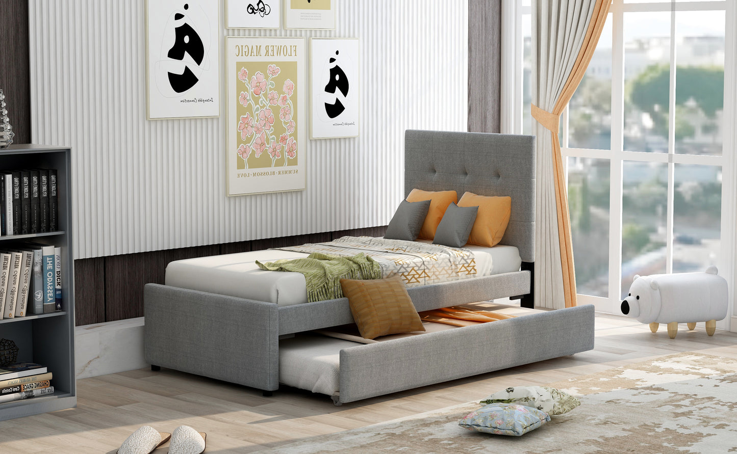 Dreamscape Twin Linen Upholstered Platform Bed with Headboard and Trundle