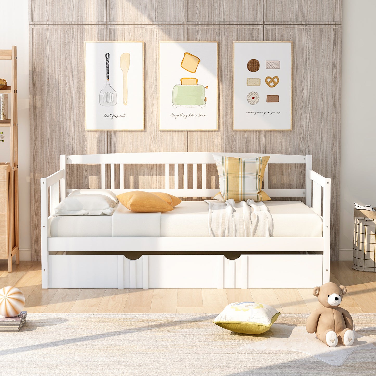 Lex Twin Size Wooden Daybed with Twin Size Trundle - White