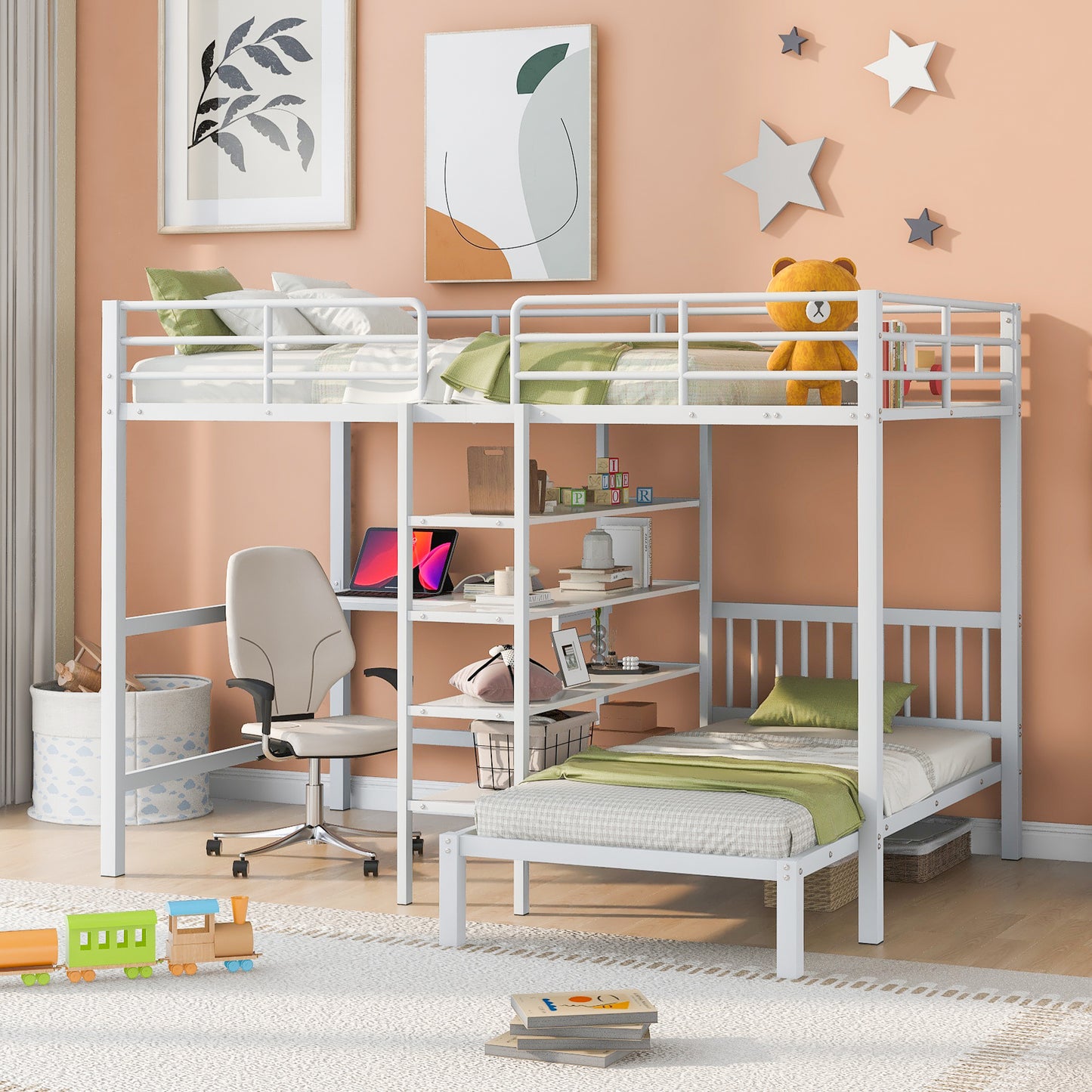 Harmony Haven Twin Loft Bed with Integrated Desk, Storage, and Staircase, Snow White