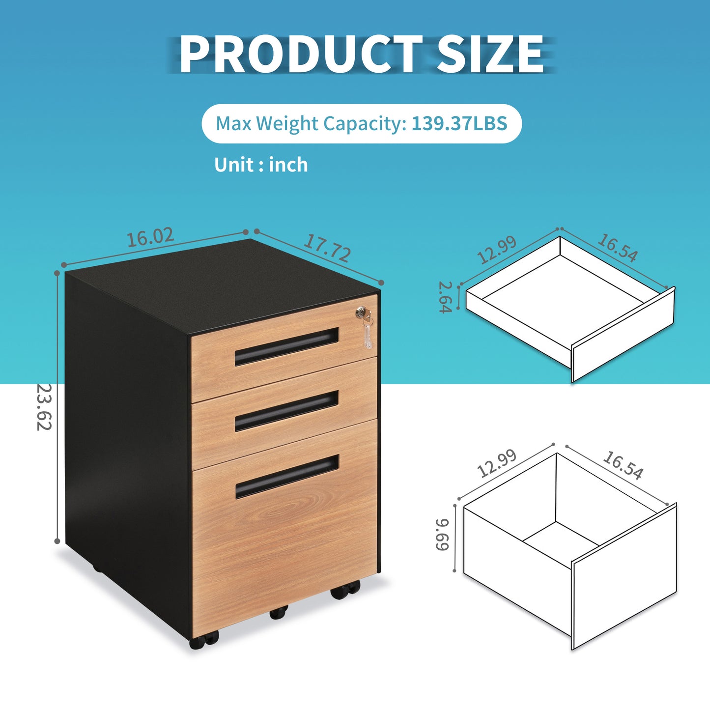 Compact 3 Drawer Mobile File Cabinet - Walnut + Black