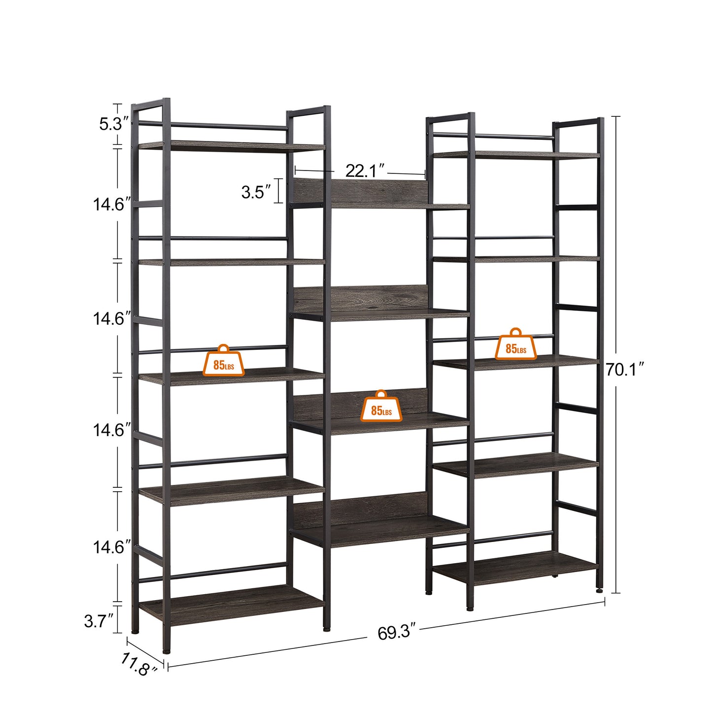 Triple Wide 5-shelf Bookshelves Industrial Retro Wooden Style - Dark Grey