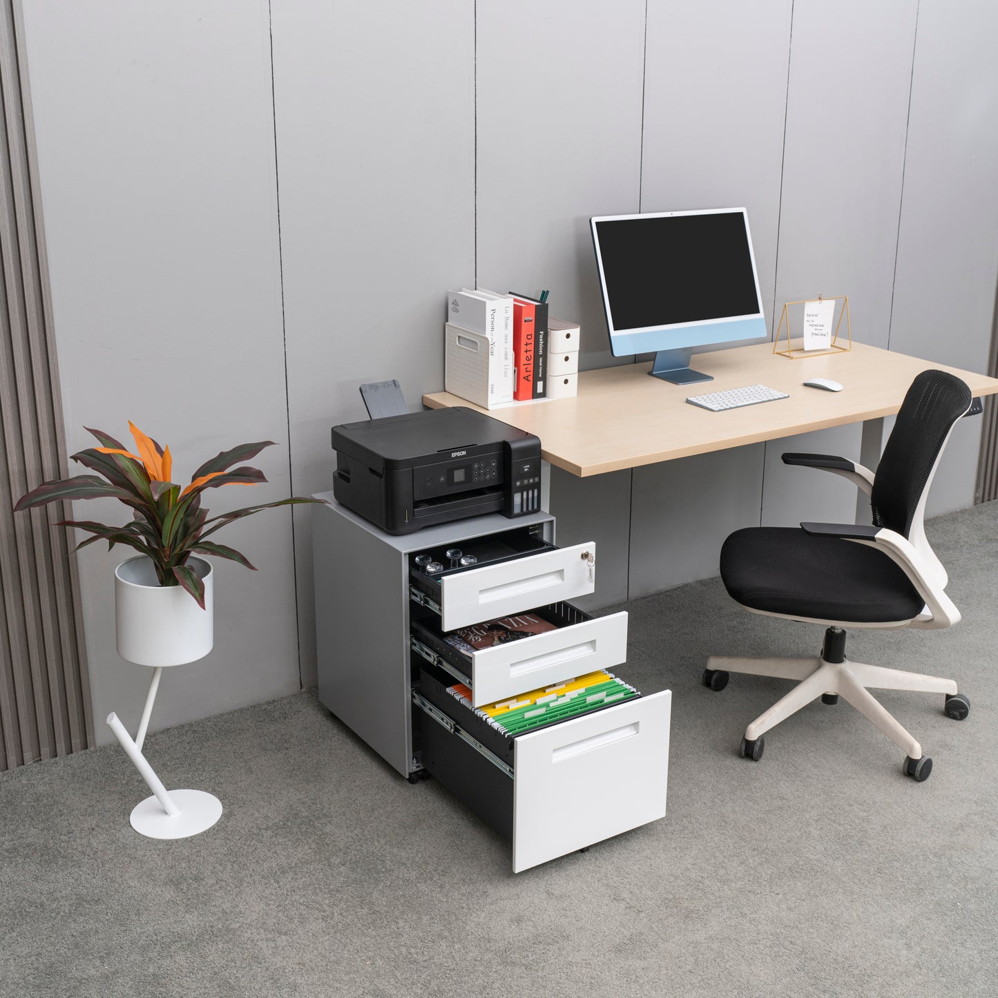 Compact 3 Drawer Mobile File Cabinet - White+Grey