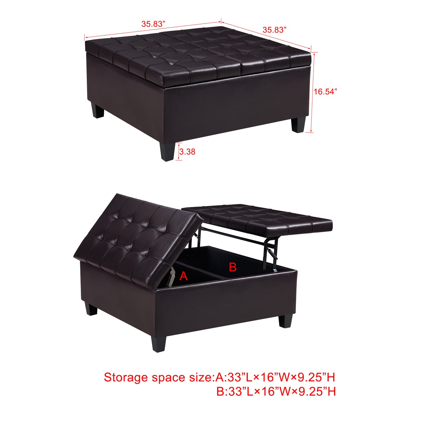 Square Faux Leather Storage Ottoman - Dark Brown