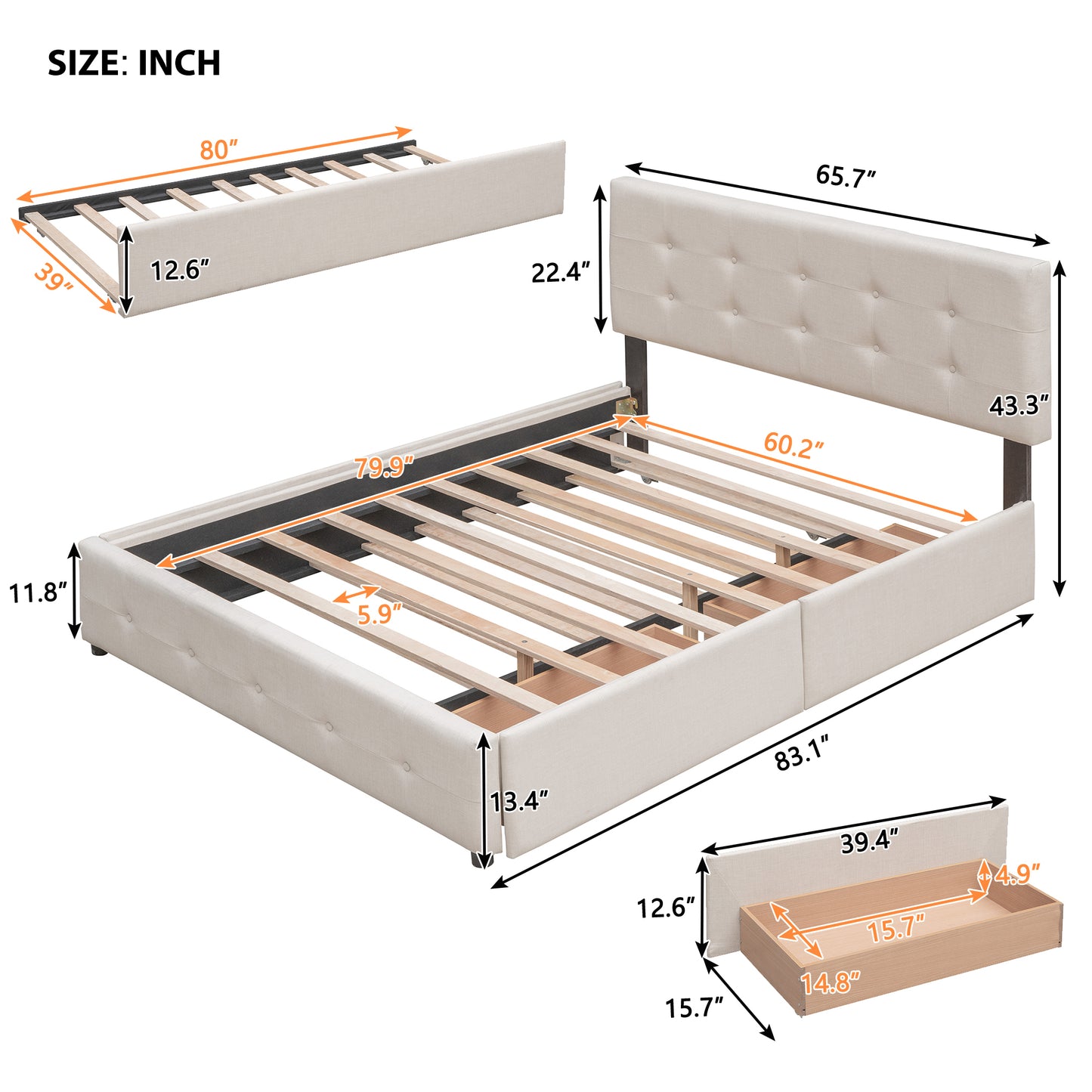 Draco Queen Size Platform Bed with 2 Drawers - Beige